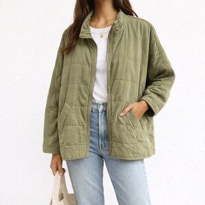POL Olive‎ Green Quilted Lightweight Bomber Jacket Oversized Large Utility Boho